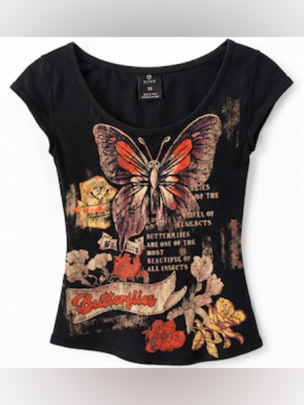 ROMWE Black Short-Sleeve Scoop Neck Tee with Multicolor Butterfly Graphic